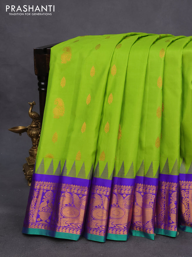 Pure gadwal silk saree light green and blue with zari woven buttas and temple deisgn annam zari woven border