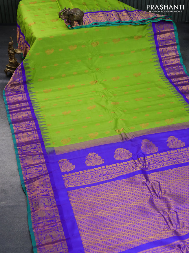 Pure gadwal silk saree light green and blue with zari woven buttas and temple deisgn annam zari woven border