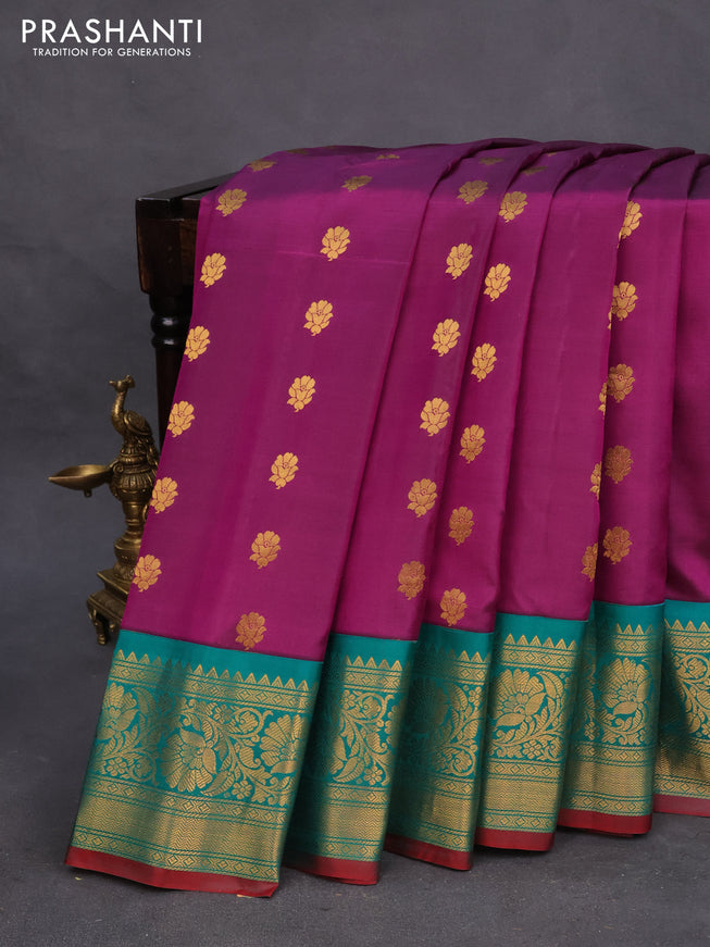 Pure gadwal silk saree purple and teal green with zari woven buttas and zari woven border