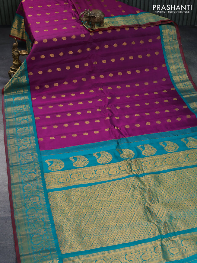 Pure gadwal silk saree purple and teal green with zari woven buttas and zari woven border