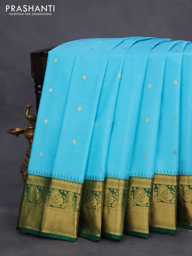 Pure gadwal silk saree light blue and green with zari woven buttas and annam zari woven border