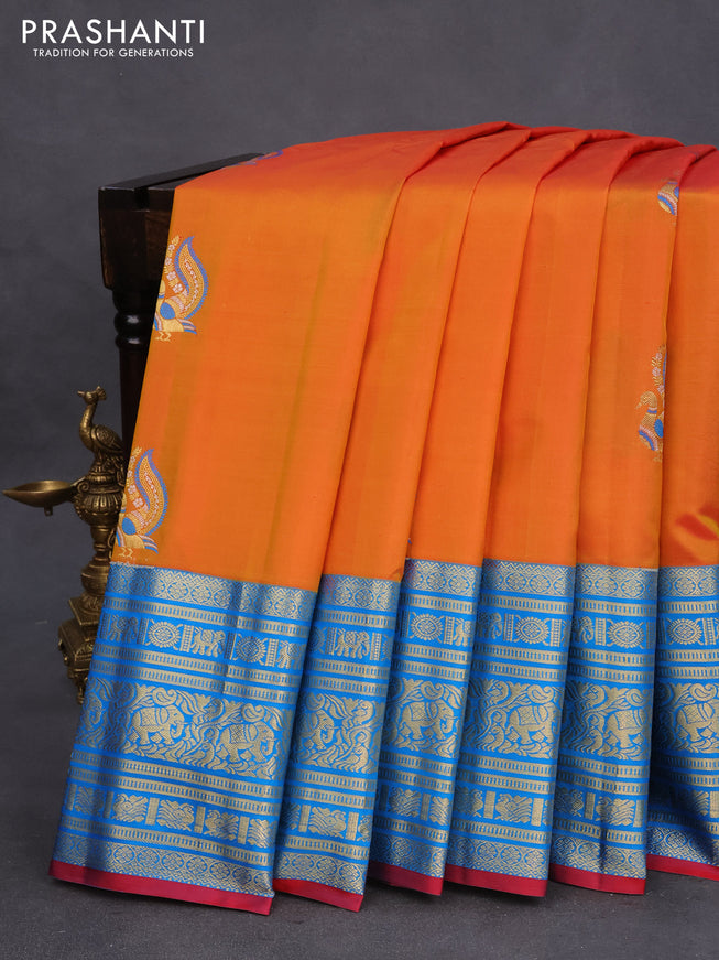 Pure gadwal silk saree sunset orange and cs blue with thread & zari woven buttas and long zari woven border