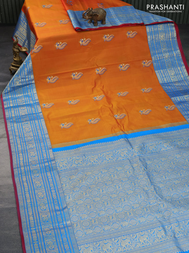 Pure gadwal silk saree sunset orange and cs blue with thread & zari woven buttas and long zari woven border