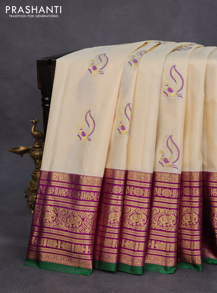 Pure gadwal silk saree off white and purple with thread & zari woven buttas and long zari woven border