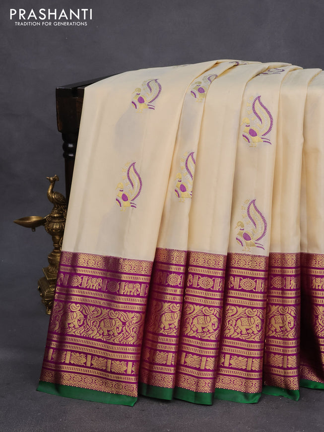 Pure gadwal silk saree off white and purple with thread & zari woven buttas and long zari woven border