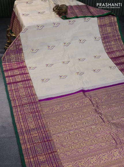 Pure gadwal silk saree off white and purple with thread & zari woven buttas and long zari woven border