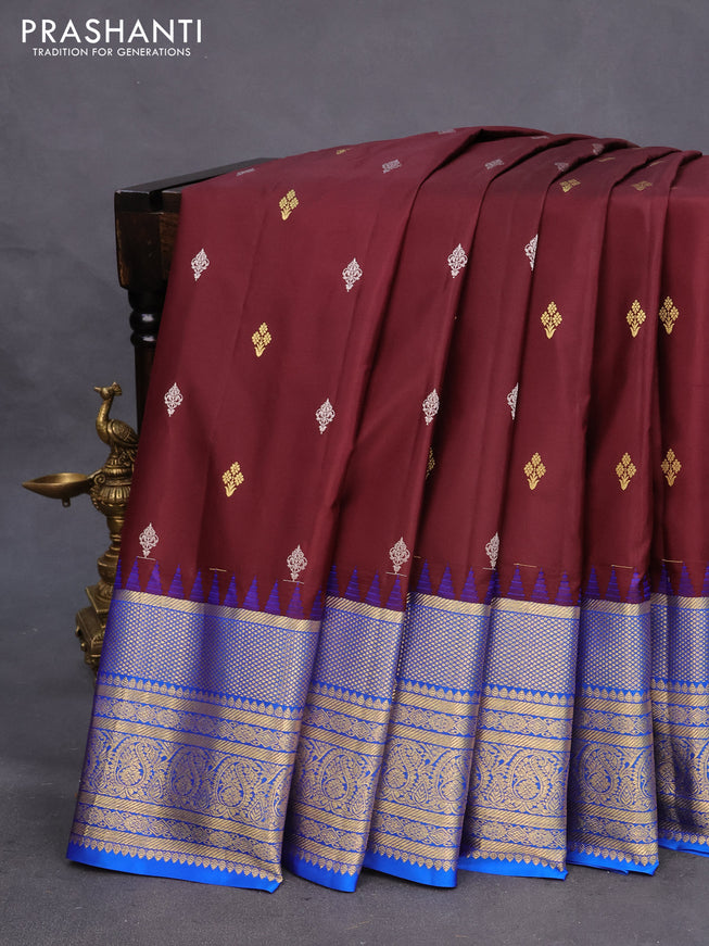 Pure gadwal silk saree deep maroon and blue with silver & gold zari woven buttas and long zari woven border