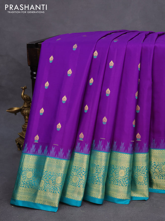 Pure gadwal silk saree violet and teal green with thread & zari woven buttas and temple design zari woven border