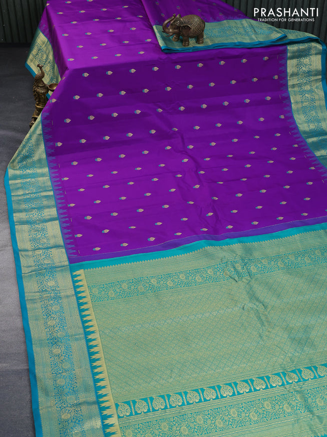 Pure gadwal silk saree violet and teal green with thread & zari woven buttas and temple design zari woven border