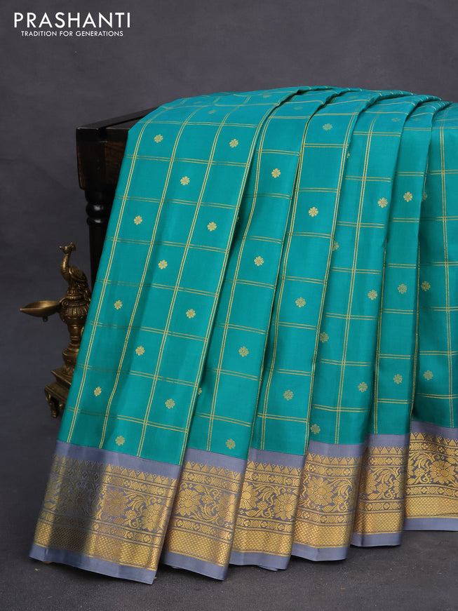 Pure gadwal silk saree teal green and grey with allover zari checks & buttas and zari woven border