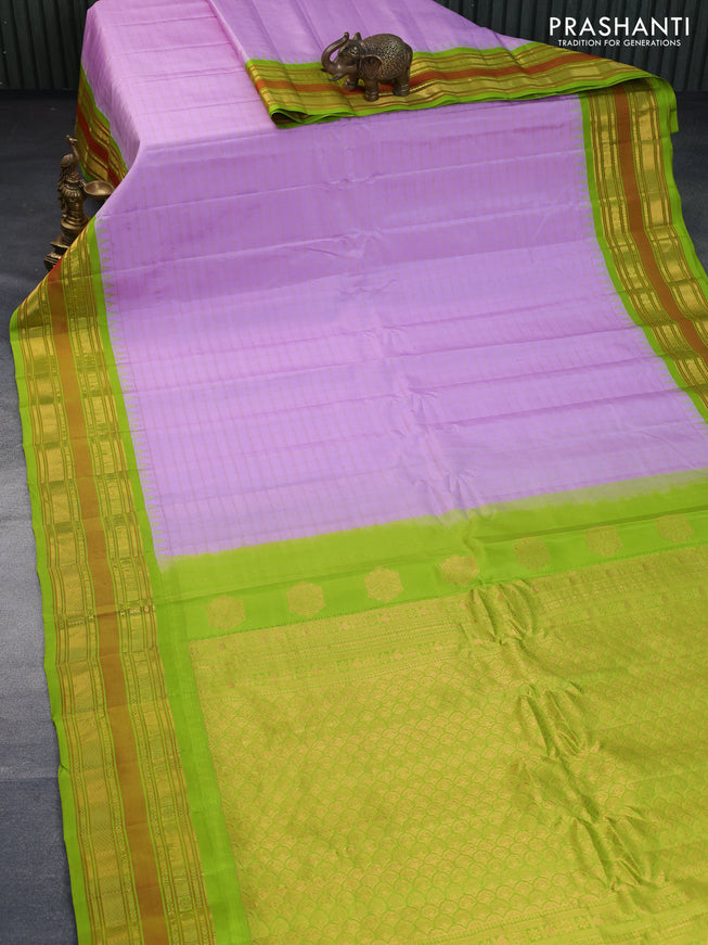 Pure gadwal silk saree lotus pink and lime green with allover zari checks & buttas and temple design zari woven border