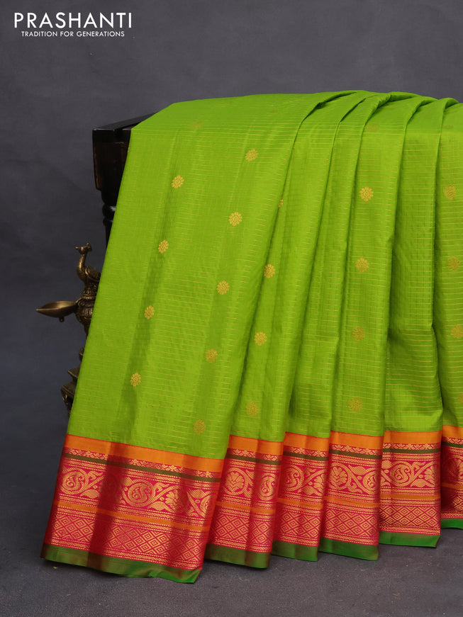 Pure gadwal silk saree light green and pink with allover zari checks & buttas and zari woven border