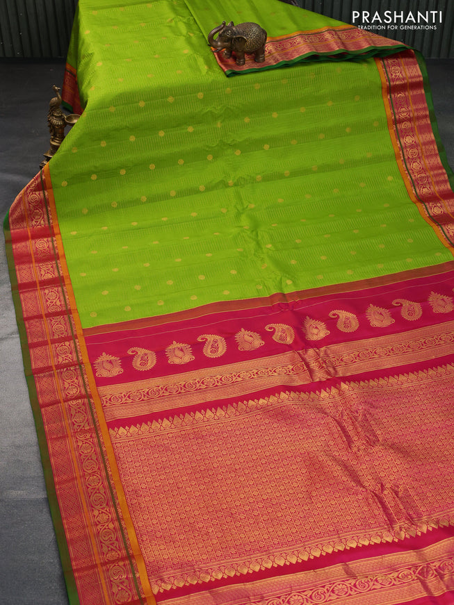 Pure gadwal silk saree light green and pink with allover zari checks & buttas and zari woven border