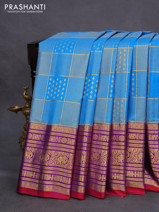 Pure gadwal silk saree cs blue and purple with allover zari weaves and long zari woven border