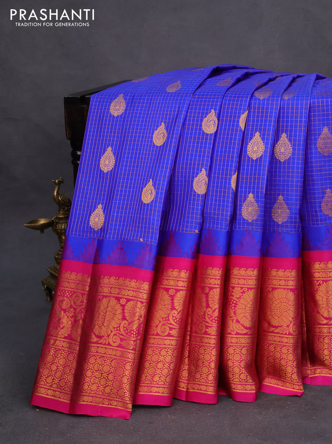 Pure gadwal silk saree blue and pink with allover zari checks & buttas and temple deisgn zari woven border