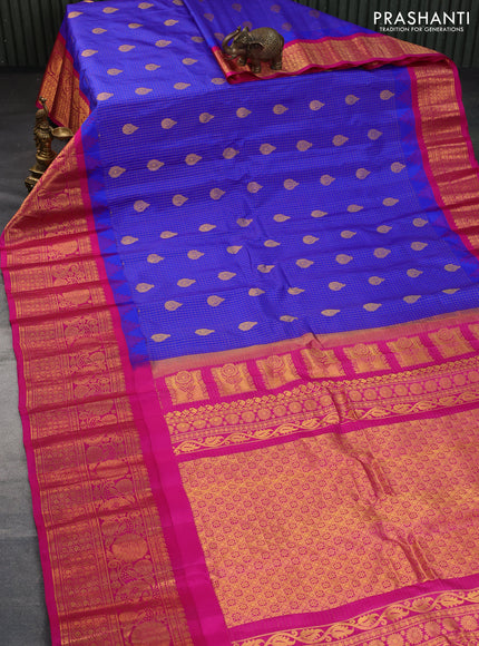 Pure gadwal silk saree blue and pink with allover zari checks & buttas and temple deisgn zari woven border