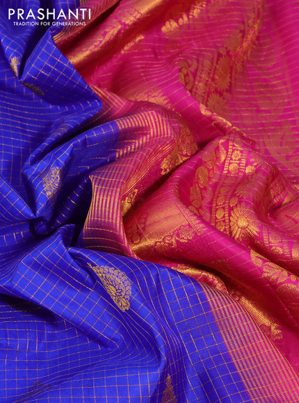 Pure gadwal silk saree blue and pink with allover zari checks & buttas and temple deisgn zari woven border