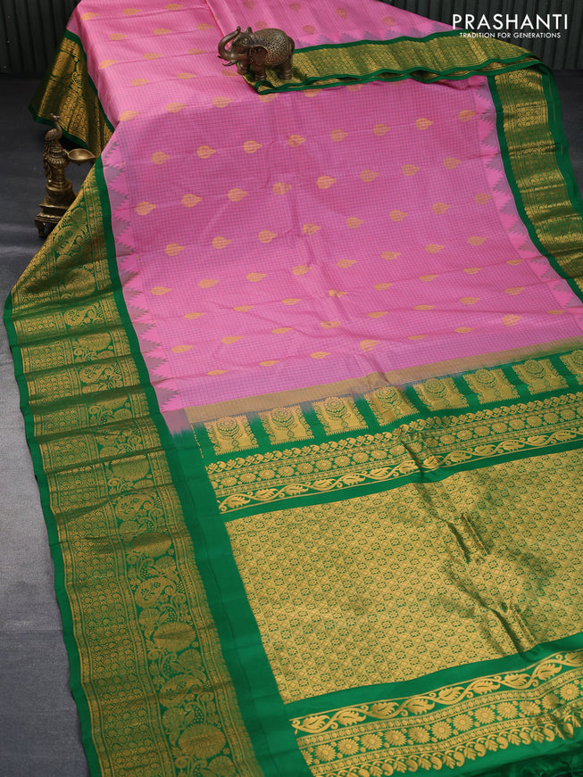 Pure gadwal silk saree light pink and green with allover checked pattern & zari buttas and temple deisgn long zari woven border