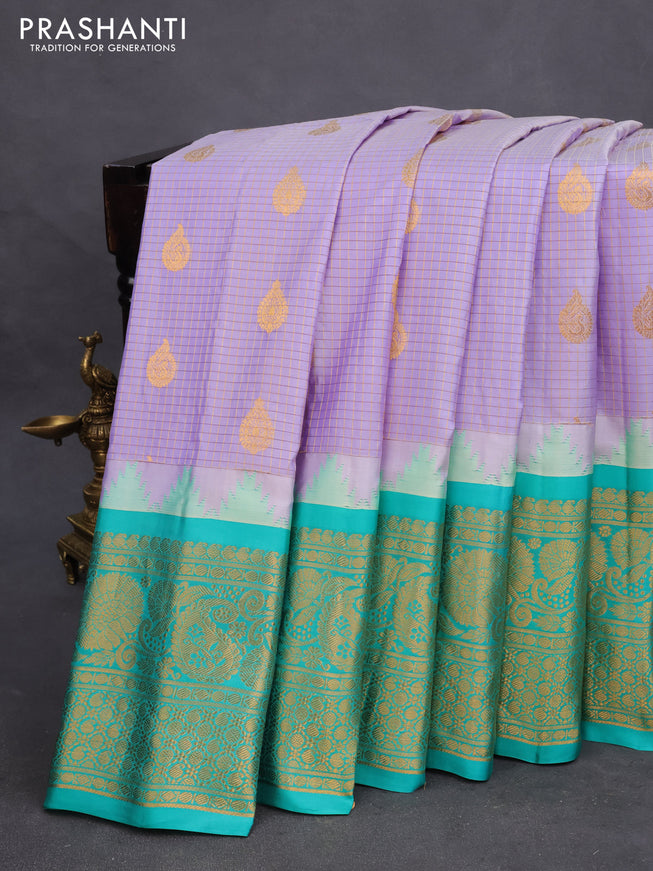 Pure gadwal silk saree pastel lavender and teal green with allover checked pattern & zari buttas and temple design zari woven border