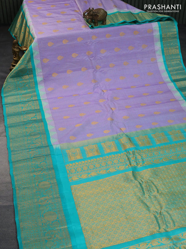 Pure gadwal silk saree pastel lavender and teal green with allover checked pattern & zari buttas and temple design zari woven border