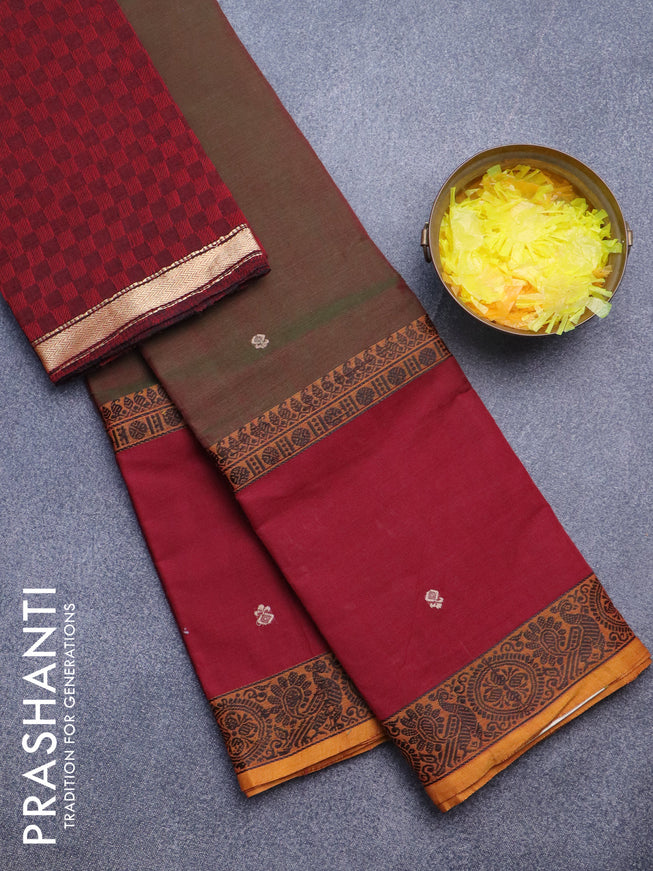 Chettinad cotton saree manthulir green and maroon with thread woven buttas and long rettapet thread woven border