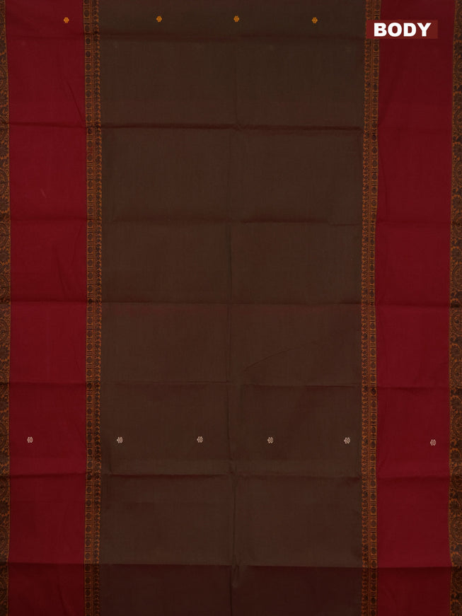 Chettinad cotton saree manthulir green and maroon with thread woven buttas and long rettapet thread woven border