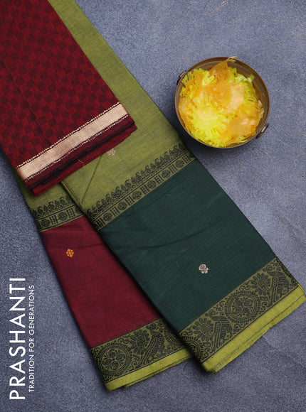 Chettinad cotton saree light green and maroon with thread woven buttas and long rettapet thread woven border