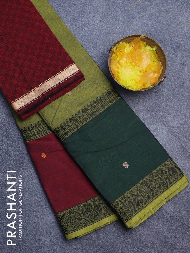 Chettinad cotton saree light green and maroon with thread woven buttas and long rettapet thread woven border