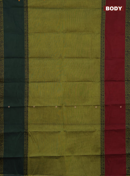 Chettinad cotton saree light green and maroon with thread woven buttas and long rettapet thread woven border