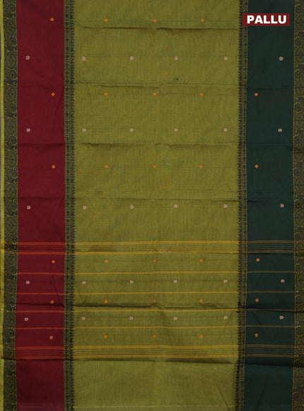 Chettinad cotton saree light green and maroon with thread woven buttas and long rettapet thread woven border