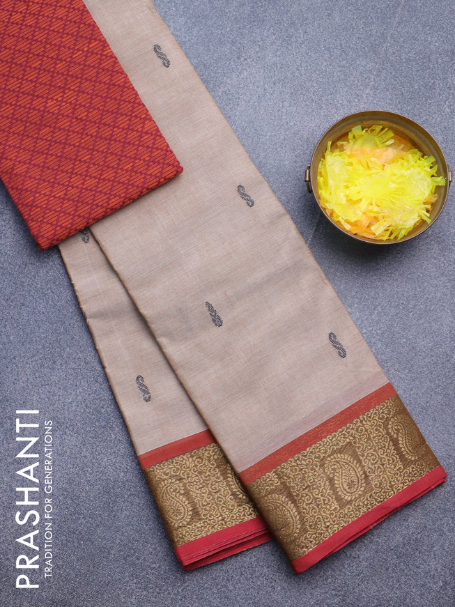 Chettinad cotton saree beige and maroon with thread woven buttas and zari woven border