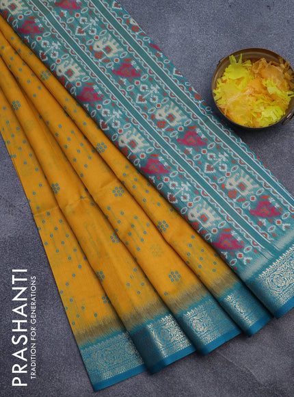 Semi dupion saree mango yellow and teal blue with allover thread woven bandhani buttas and zari woven border