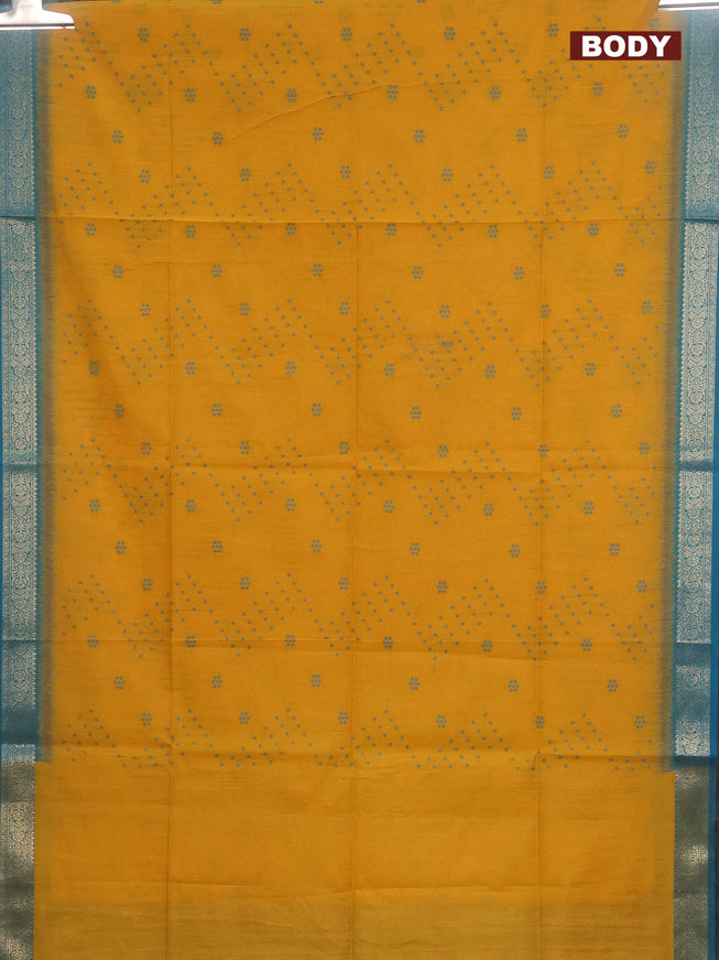 Semi dupion saree mango yellow and teal blue with allover thread woven bandhani buttas and zari woven border