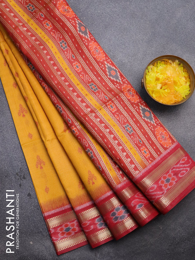 Semi dupion saree mustard yellow and maroon with allover thread woven buttas and zari woven border