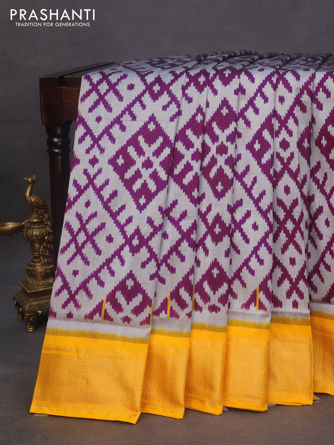 Pochampally silk saree grey purple and yellow with allover ikat weaves and zari woven border