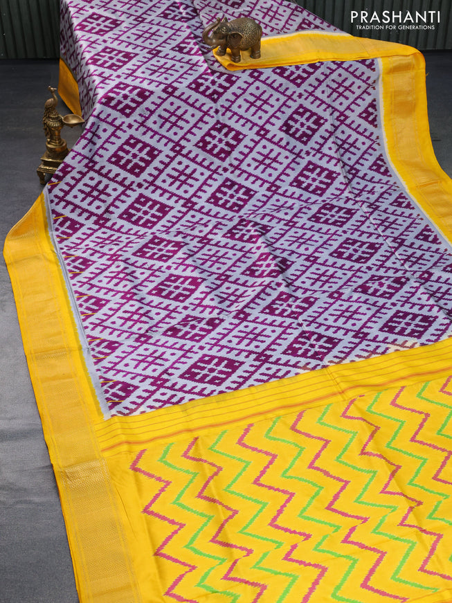 Pochampally silk saree grey purple and yellow with allover ikat weaves and zari woven border