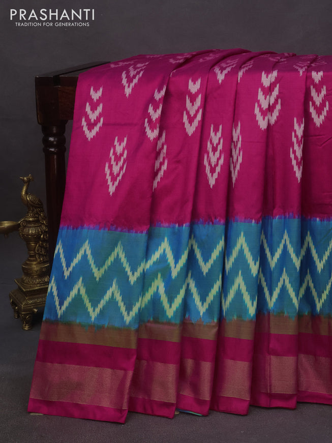 Pochampally silk saree pink and teal blue with ikat butta weaves and zari woven border