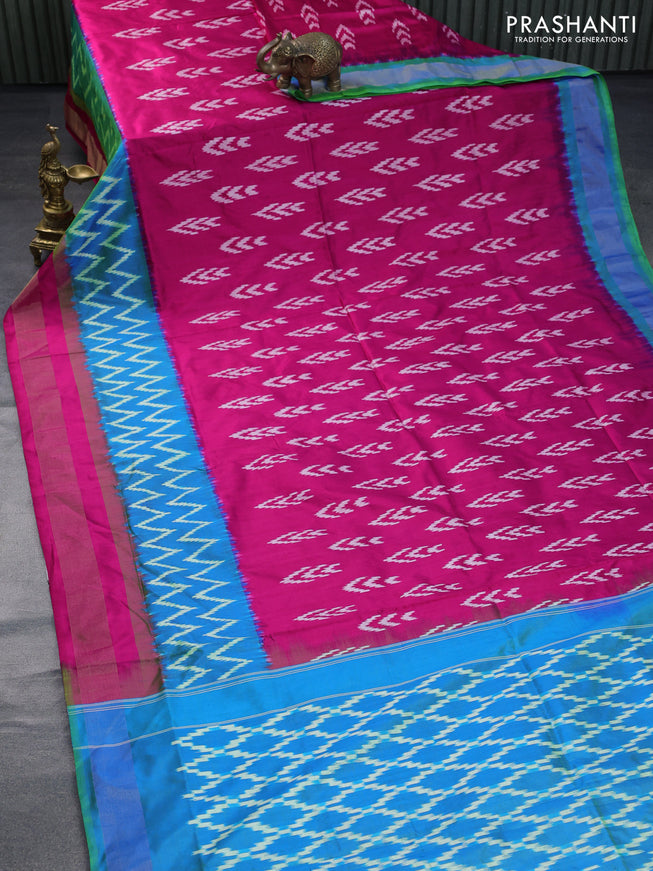 Pochampally silk saree pink and teal blue with ikat butta weaves and zari woven border