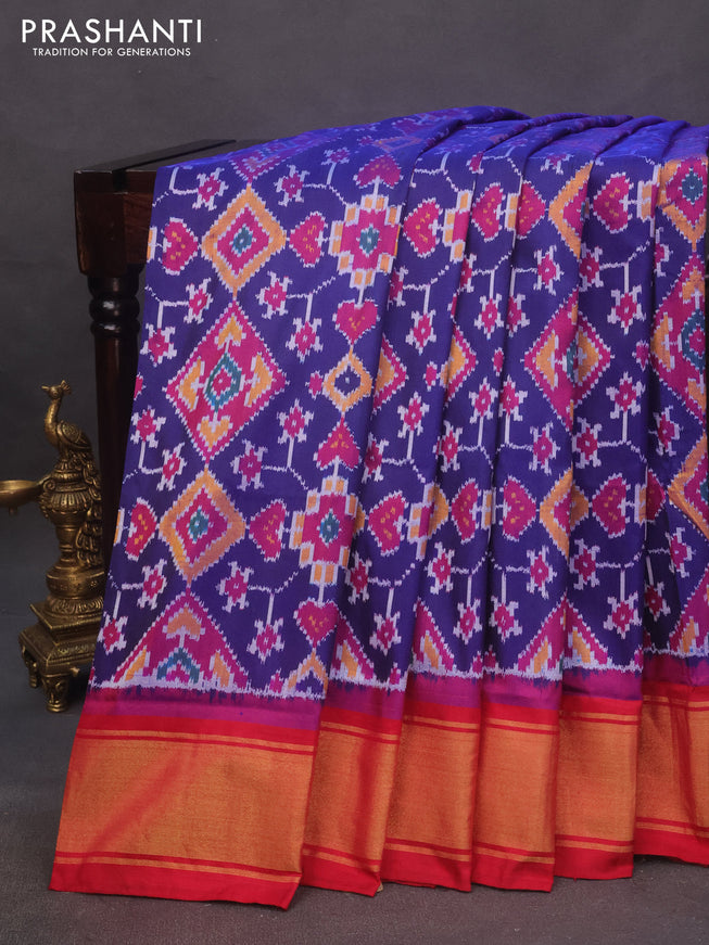 Pochampally silk saree blue and maroon with allover ikat weaves and zari woven border