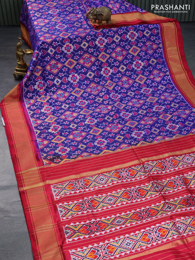 Pochampally silk saree blue and maroon with allover ikat weaves and zari woven border