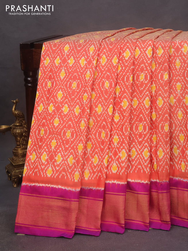 Pochampally silk saree orange and purple with allover ikat weaves and zari woven border