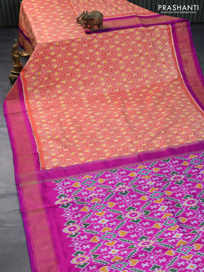 Pochampally silk saree orange and purple with allover ikat weaves and zari woven border