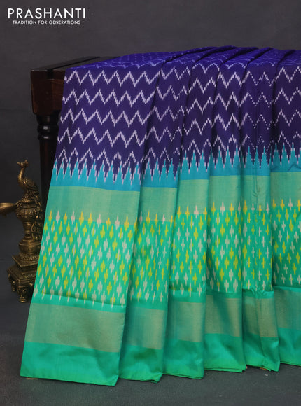 Pochampally silk saree dark blue and light green with ikat butta weaves and zari woven border