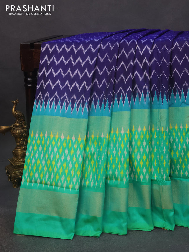 Pochampally silk saree dark blue and light green with ikat butta weaves and zari woven border