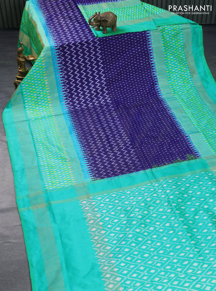 Pochampally silk saree dark blue and light green with ikat butta weaves and zari woven border