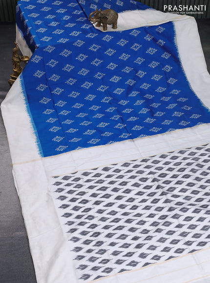 Pochampally silk saree cs blue and off white with ikat butta weaves and simple border