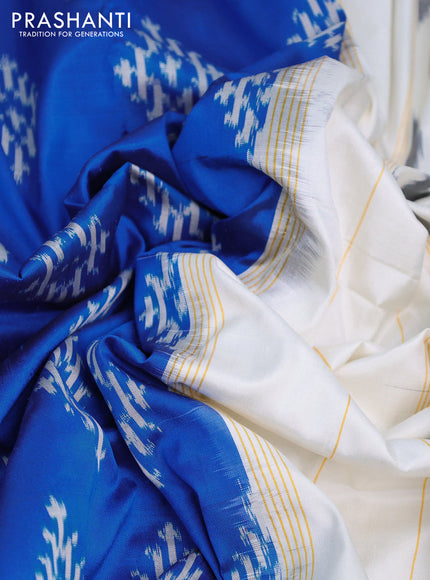 Pochampally silk saree cs blue and off white with ikat butta weaves and simple border