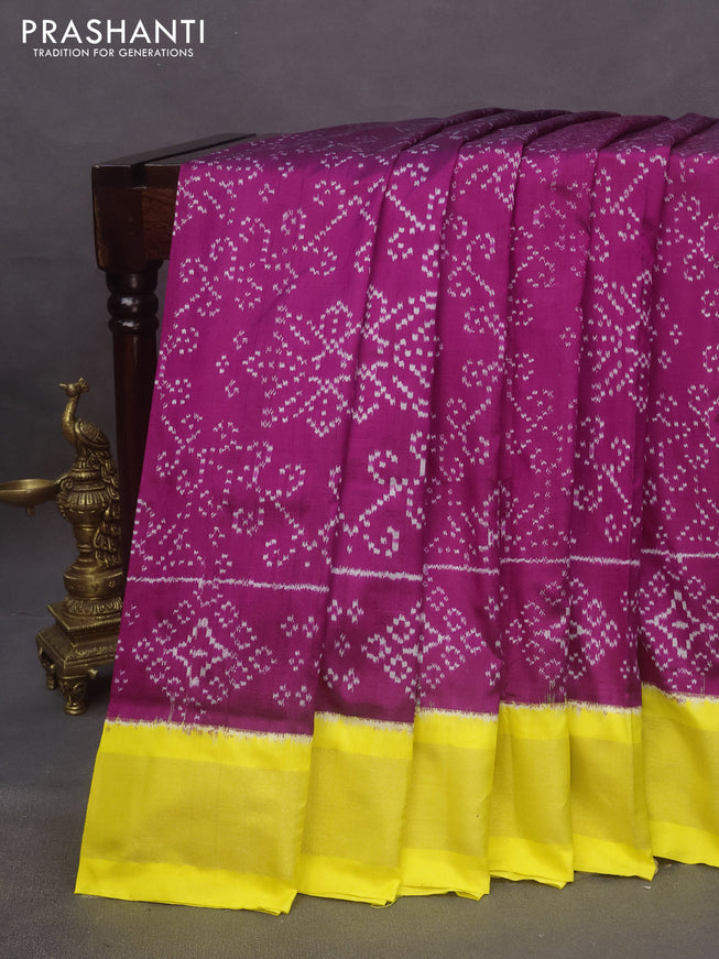 Pochampally silk saree dark magenta pink and yellow with allover ikat weaves and zari woven border