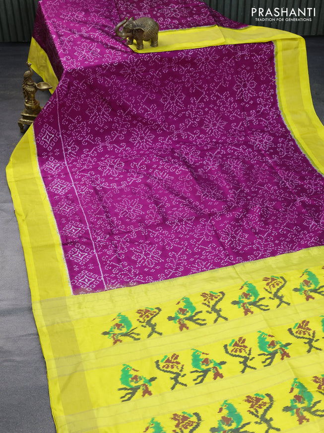 Pochampally silk saree dark magenta pink and yellow with allover ikat weaves and zari woven border