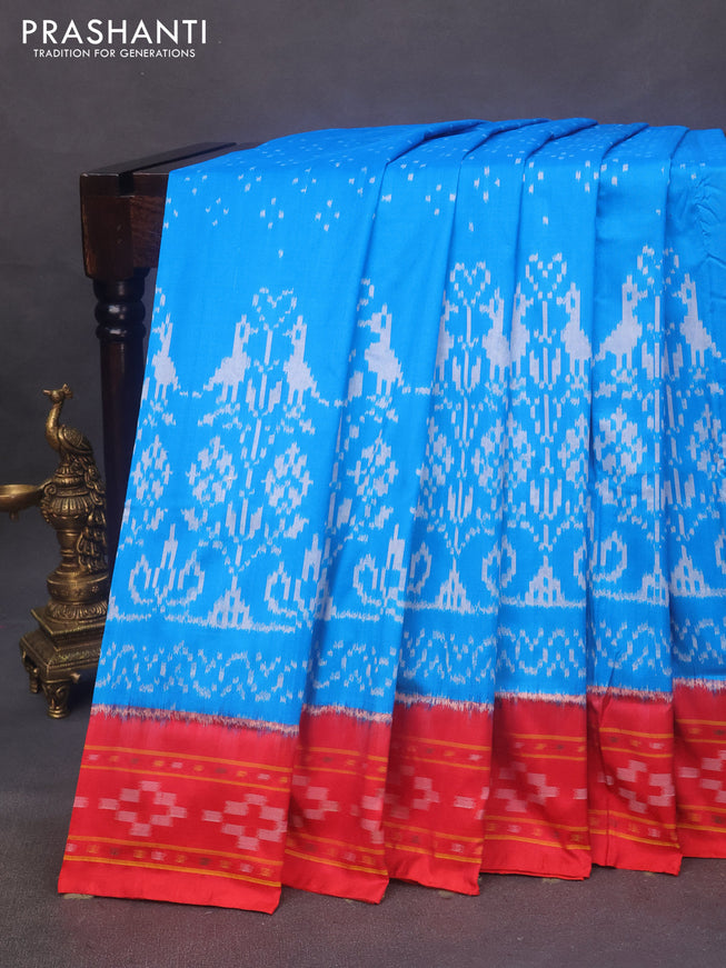 Pochampally silk saree cs blue and red with allover ikat weaves and ikat woven border